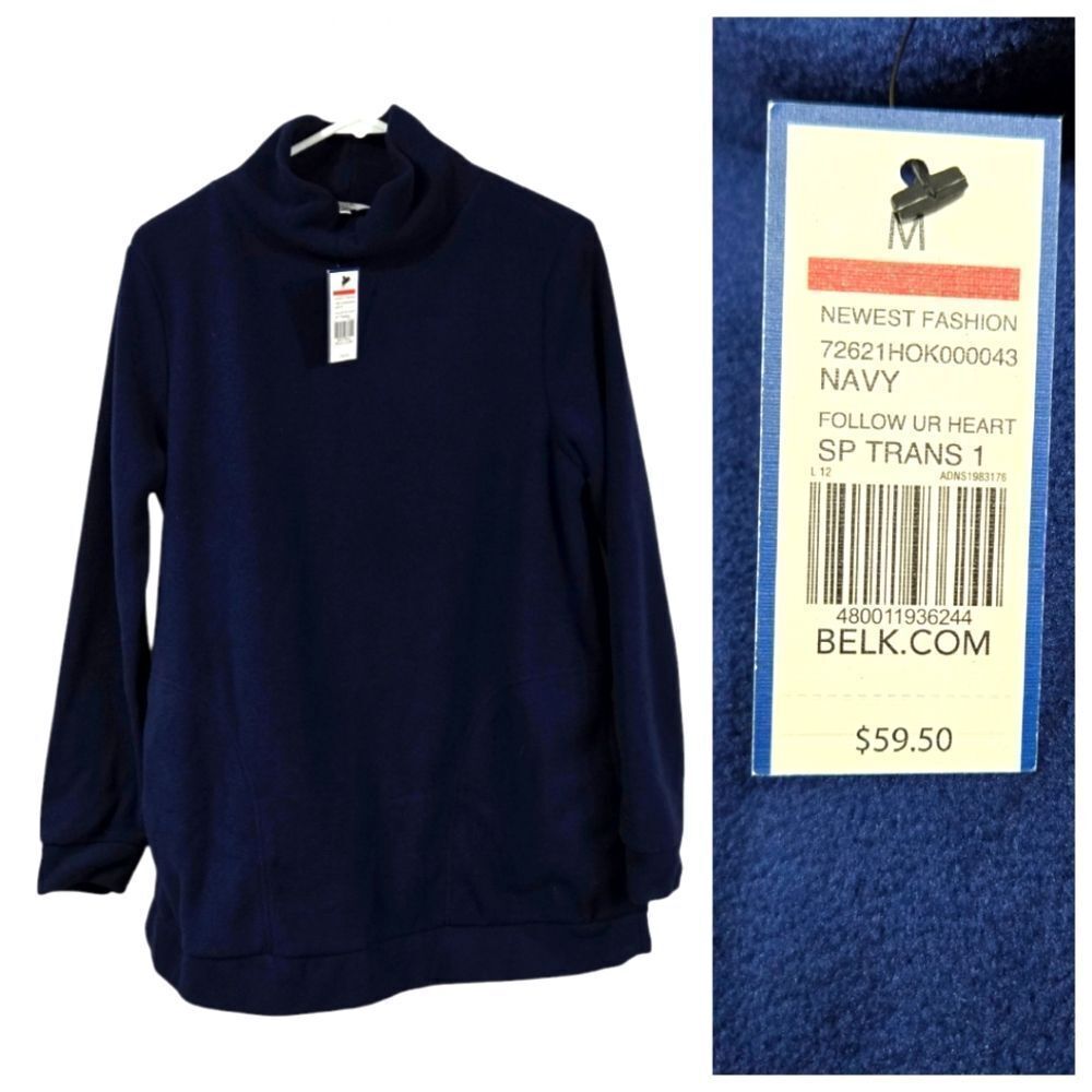 Crown & Ivy NWT Women's Long Sleeve Mock Neck Fleece Tunic Cozy Navy Sweatshirt